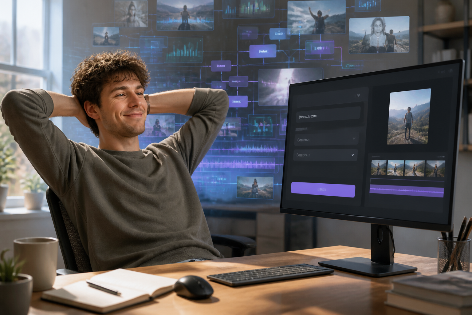 Viralmatik — Kurzvideos auf Autopilot: Eine entspannte Person vor einem Computerbildschirm, der eine einfache Benutzeroberfläche zur Videoerstellung zeigt, während im Hintergrund komplexe, automatisierte Prozesse für Kur