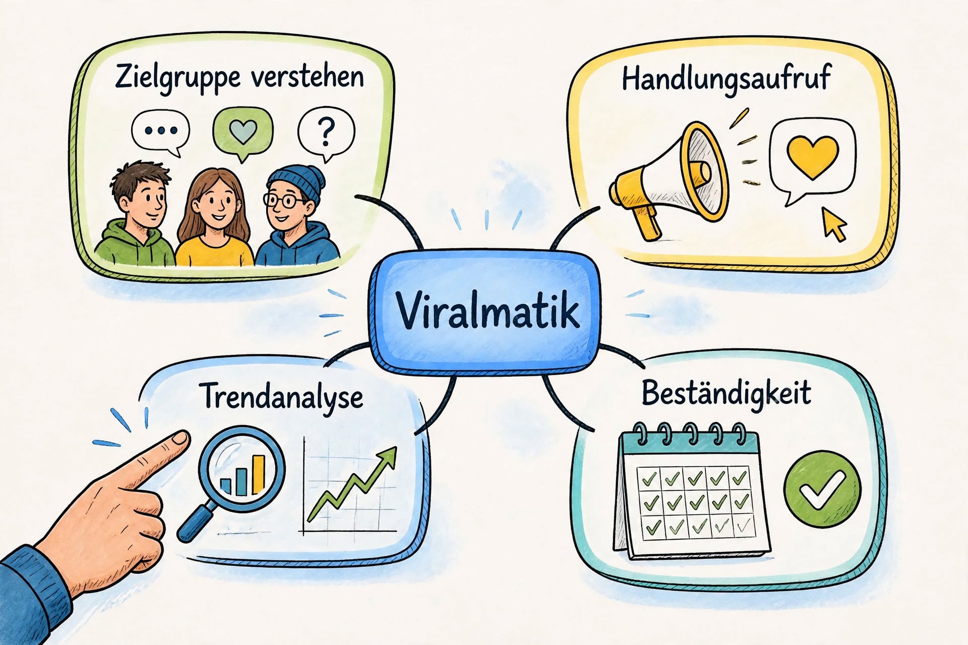 Eine illustrative Mindmap mit 'Viralmatik' im Zentrum, die strategische Punkte wie Zielgruppenverständnis, Call to Action, Trend-Analyse und Konsistenz für den viralen Erfolg von Kurzvideos verbindet.