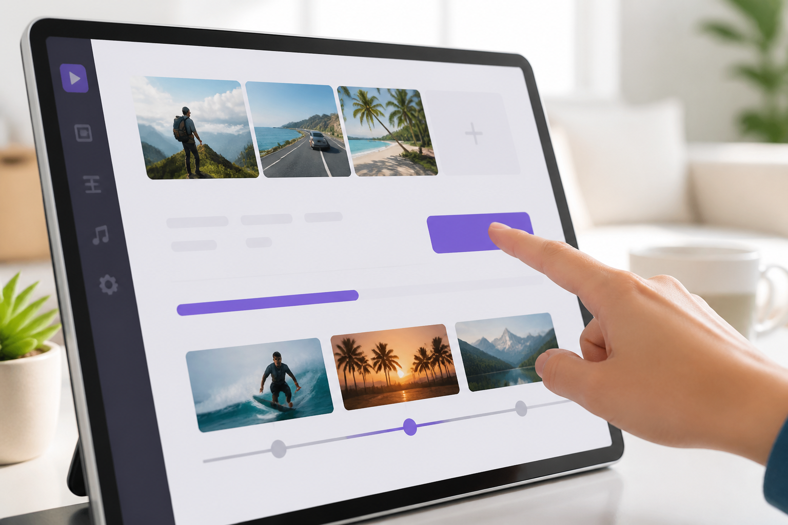 Eine Hand klickt auf einem Tablet auf einen 'Video generieren'-Button, symbolisierend den einfachen Start und die Bedienung von Viralmatik für Anfänger.