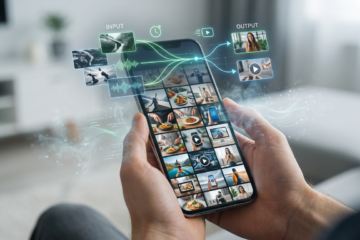 Viralmatik — Kurzvideos auf Autopilot: Ein Smartphone mit einer Abfolge von selbstständig generierten Kurzvideos, umgeben von symbolischen KI-Algorithmen und Datenströmen, die den 'Autopilot'-Aspekt von Viralmatik visual