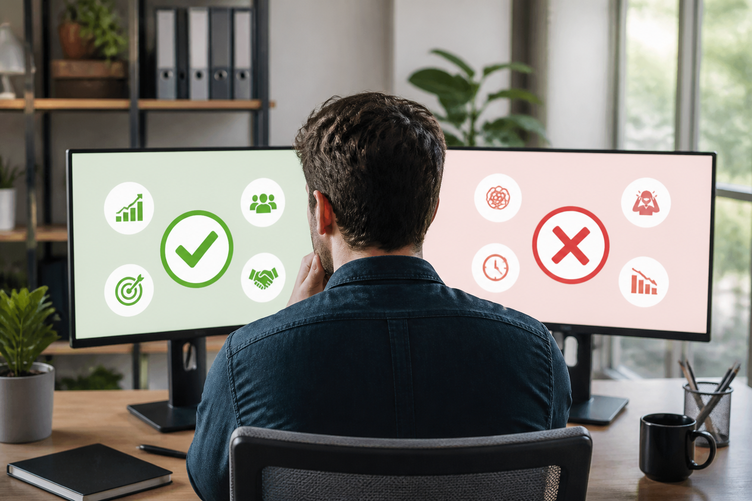 Eine Person wägt an einem Schreibtisch Vorteile und Nachteile auf zwei Monitoren ab, um die Bedeutung der Fundament-Allianz zu beurteilen.